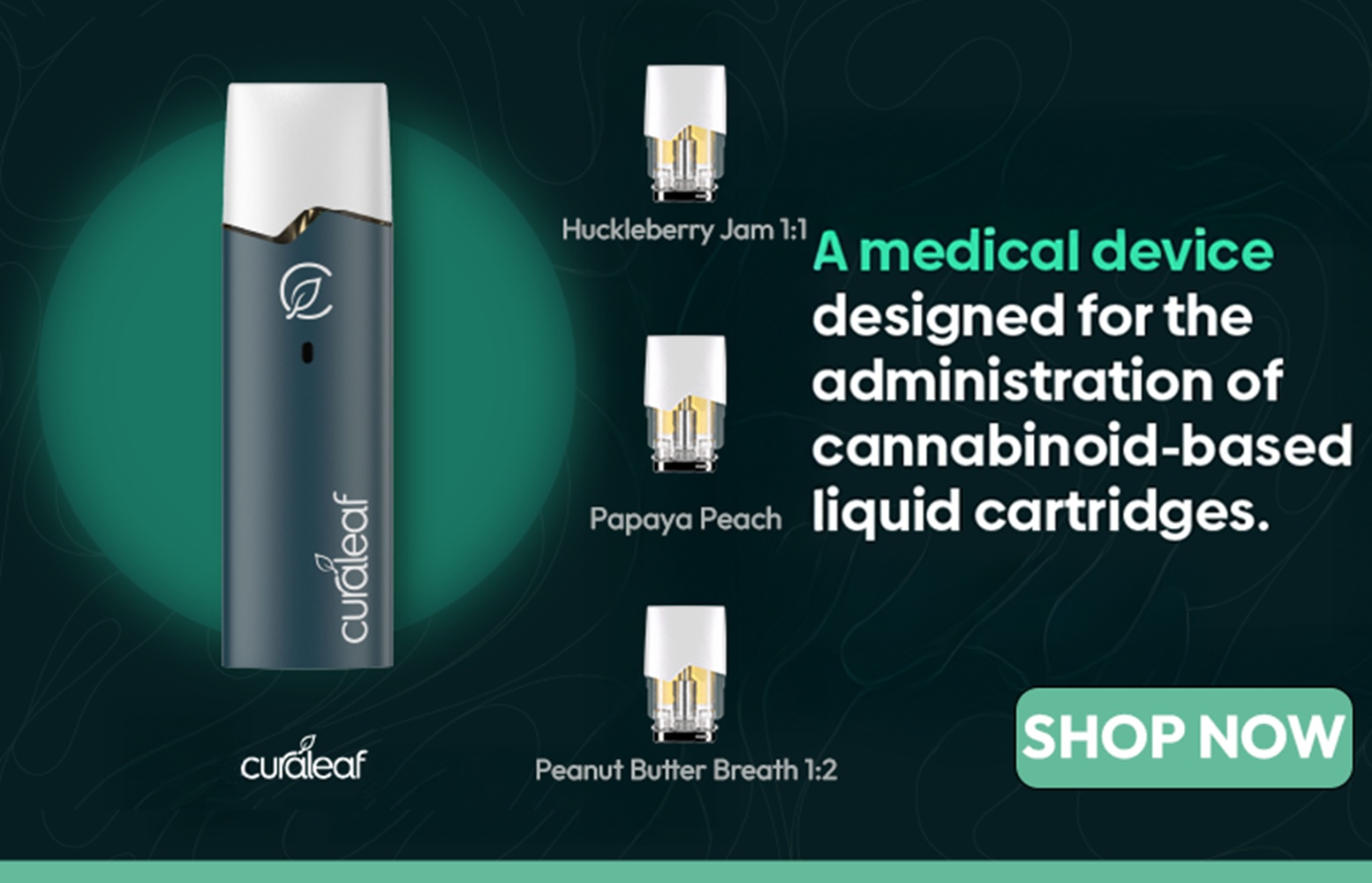 A medical device designed for administration of cannabinoid-based liquid cartridges. Curaleaf Que System.